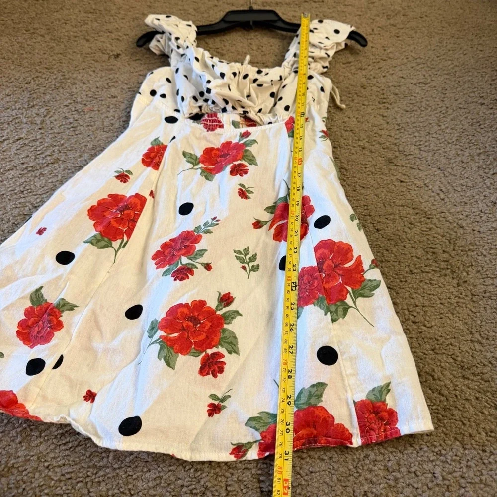 Free People Polka Dot Floral Mini Dress White Red Ruffle Cutout Tie Back Small S